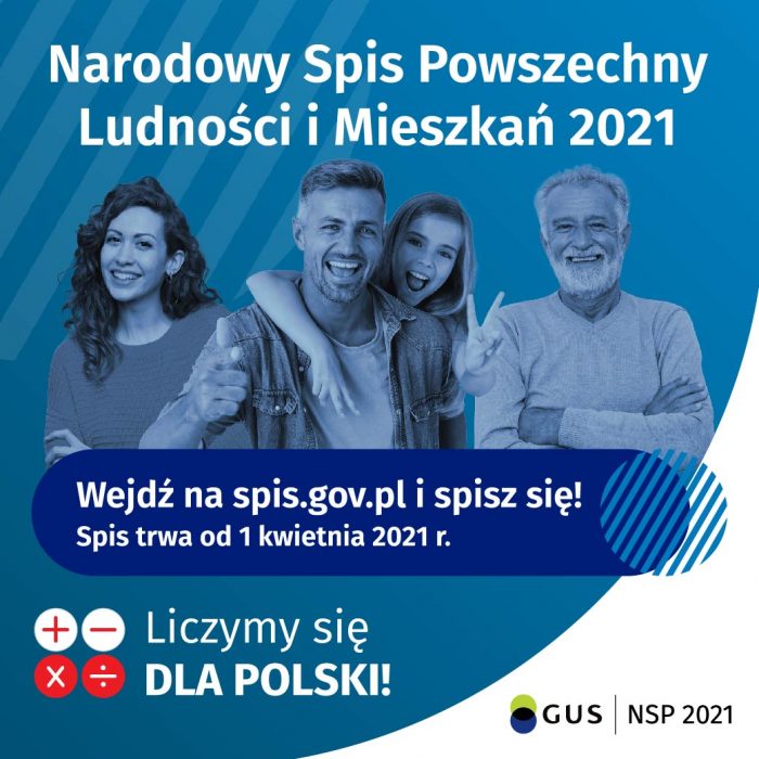 Banner informacyjny o Narodowym Spisie Powszechnym, osoby na niebieskim tle, napis "wejdź na spis.gov.pl i spisz się! Spis trwa od 1 kwietnia 2021 r."