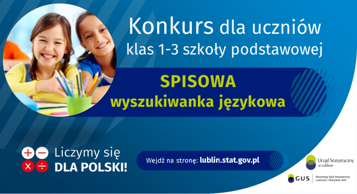 Grafika zawiera tekst: „Konkurs dla uczniów klas 1-3 szkoły podstawowej „SPISOWA wyszukiwanka językowa”. Wejdź na stronę: lublin.statgov.pl”