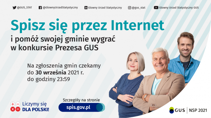 Uśmiechnięci ludzie, napis „Spisz się przez Internet i pomóż swojej gminie wygrać w konkursie Prezesa GUS"