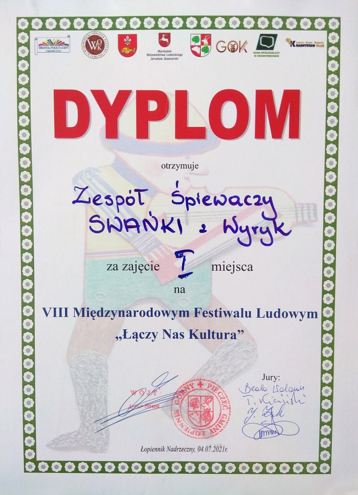 Zdjęcie przedstawia dyplom dla Zespołu Śpiewaczego „Swańki” z Wyryk za zdjęcie I miejsca na VIII Międzynarodowym Festiwalu Ludowym „Łączy Nas Kultura”