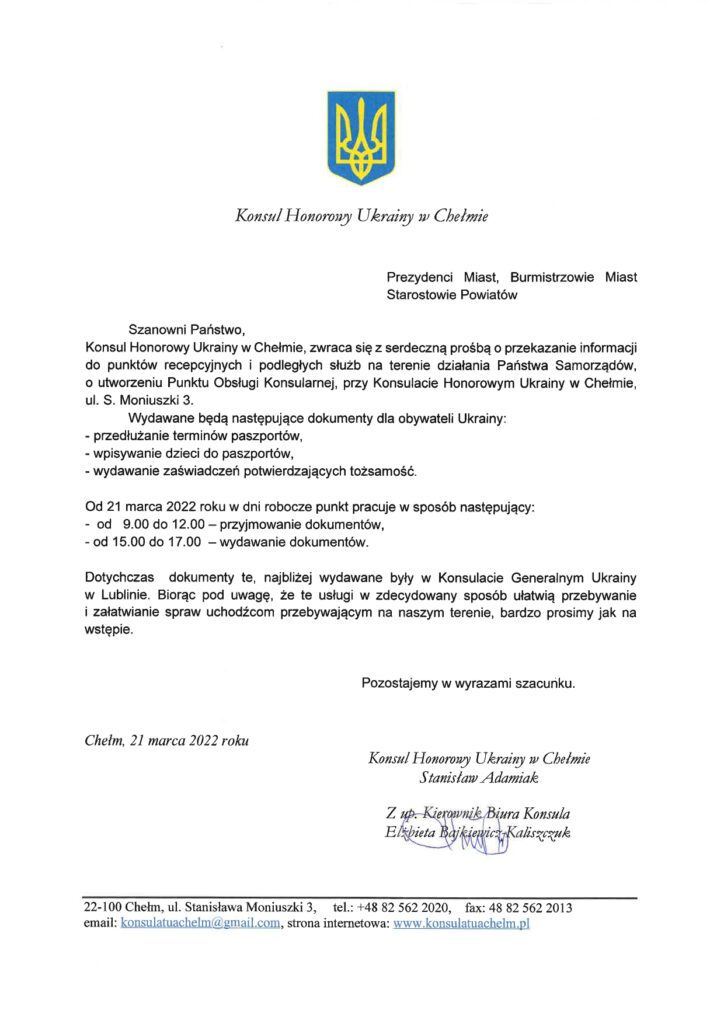 Pismo Konsula Honorowego Ukrainy w Chełmie. Treść pisma w artykule.