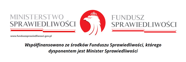 OD lewej logo Ministerstwa Sprawiedliwości, po prawej logo Funduszu Sprawiedliwości, poniżej informacja o finansowaniu
