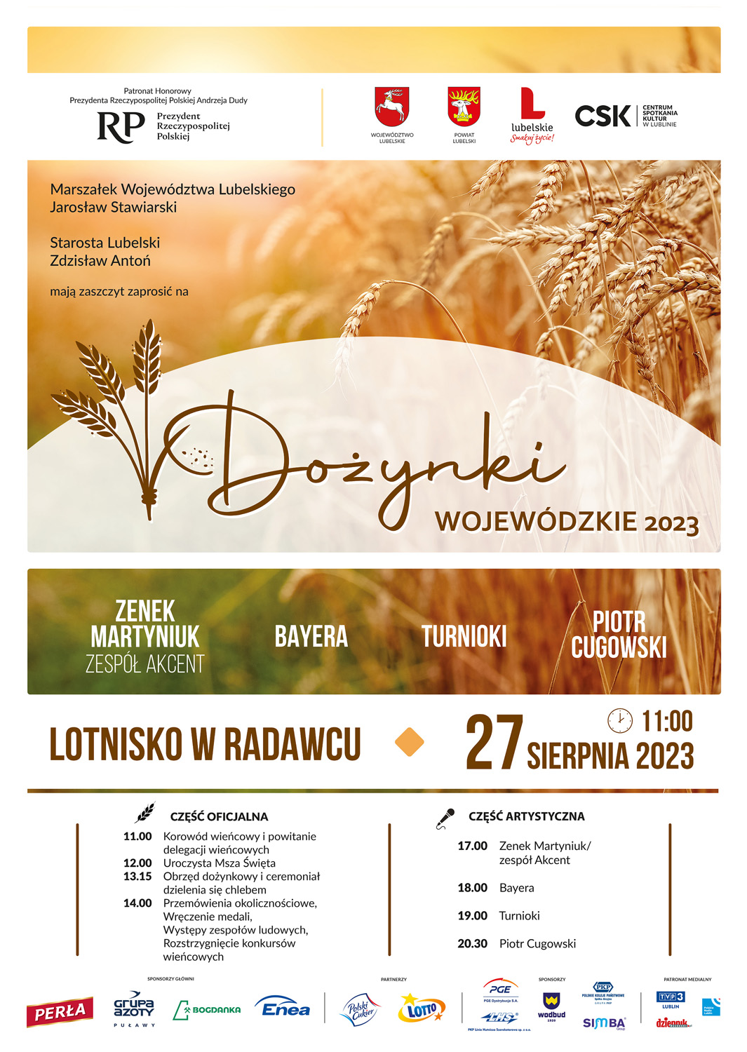 Plakat przedstawiający program Dożynek Wojoewózkich w Radawcu w dn. 27.08.2023 r.