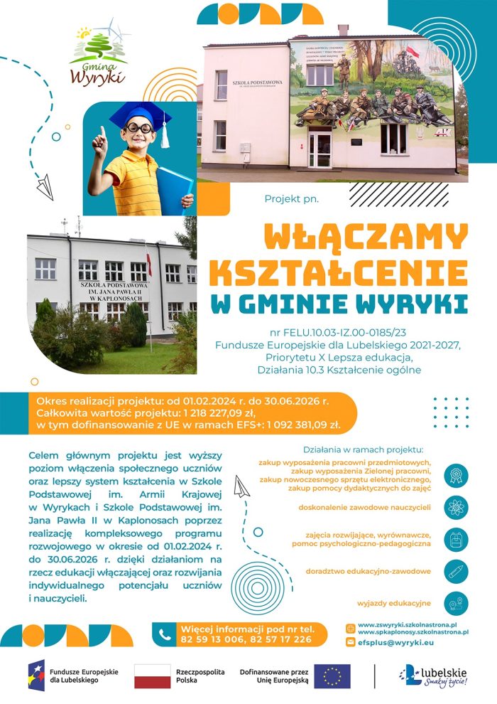 Plakat informacyjny o projekcie Włączamy kształcenie w Gminie Wyryki