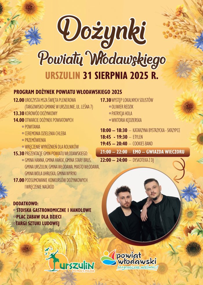 Plakat reklamujący dożynki powiatu włodawskiego, na którym widoczne są tradycyjne ozdoby dożynkowe, program wydarzenia, logotypy organizatorów oraz zdjęcie zespołu muzycznego.