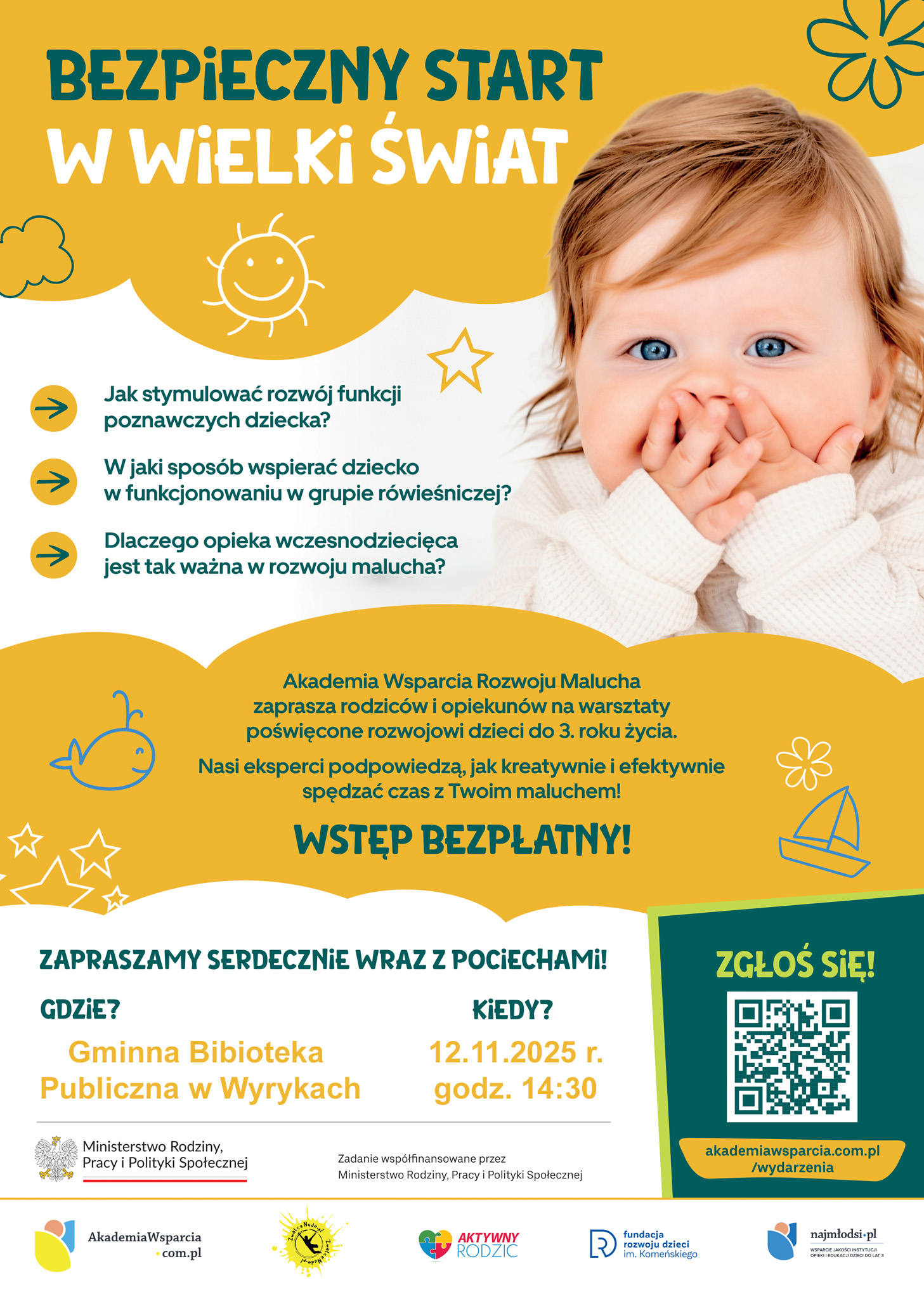 Plakat warsztatów „Bezpieczny start w wielki świat” – bezpłatne spotkanie dla rodziców w Wyrykach.
