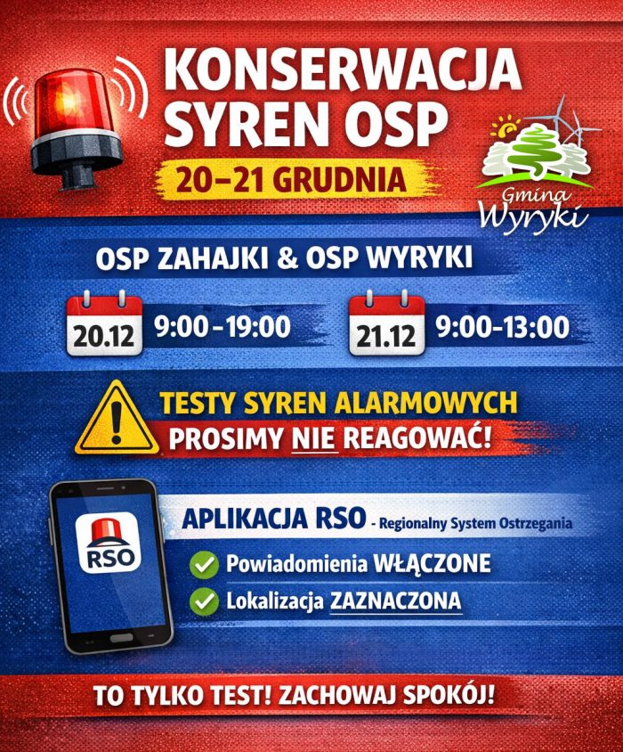 Grafika informacyjna Urzędu Gminy Wyryki o konserwacji syren alarmowych OSP Zahajki i OSP Wyryki w dniach 20–21 grudnia, z godzinami testów, informacją o emisji sygnałów alarmowych oraz zachętą do korzystania z aplikacji RSO.