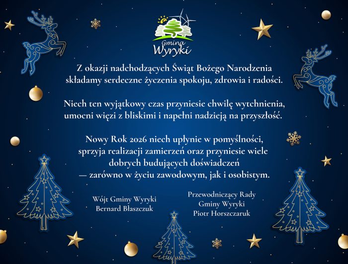 Świąteczna grafika z życzeniami bożonarodzeniowymi i noworocznymi 2026 od Gminy Wyryki, na granatowym tle z choinkami, reniferami i złotymi gwiazdami.