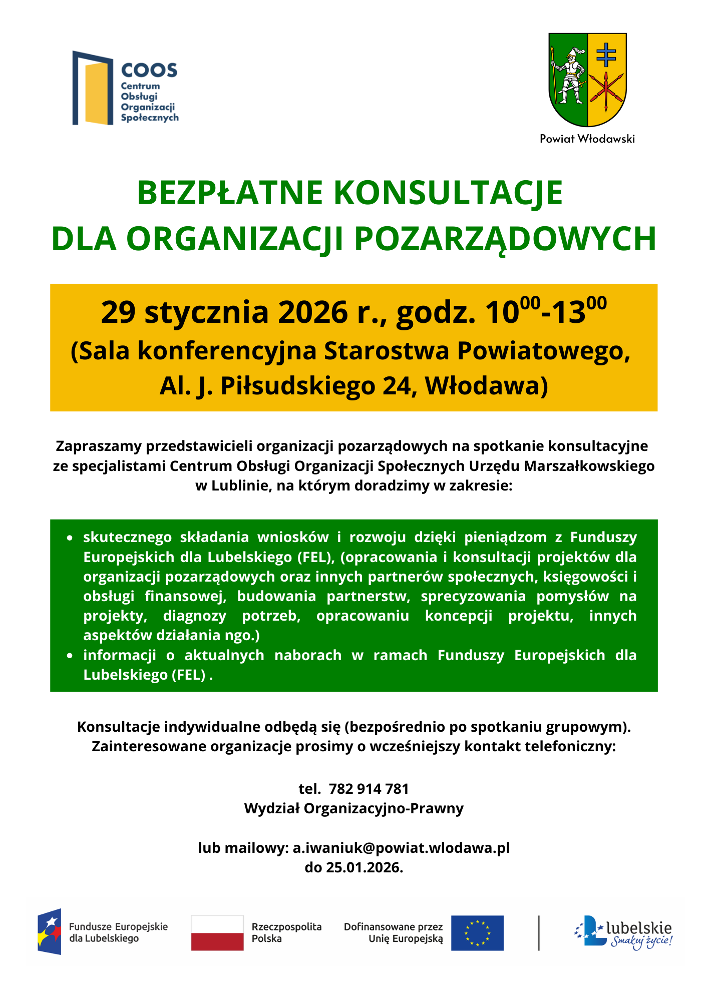 Plakat informujący o bezpłatnych konsultacjach dla organizacji pozarządowych – 29 stycznia 2026 r., godz. 10:00–13:00, Starostwo Powiatowe we Włodawie; doradztwo dot. Funduszy Europejskich dla Lubelskiego.