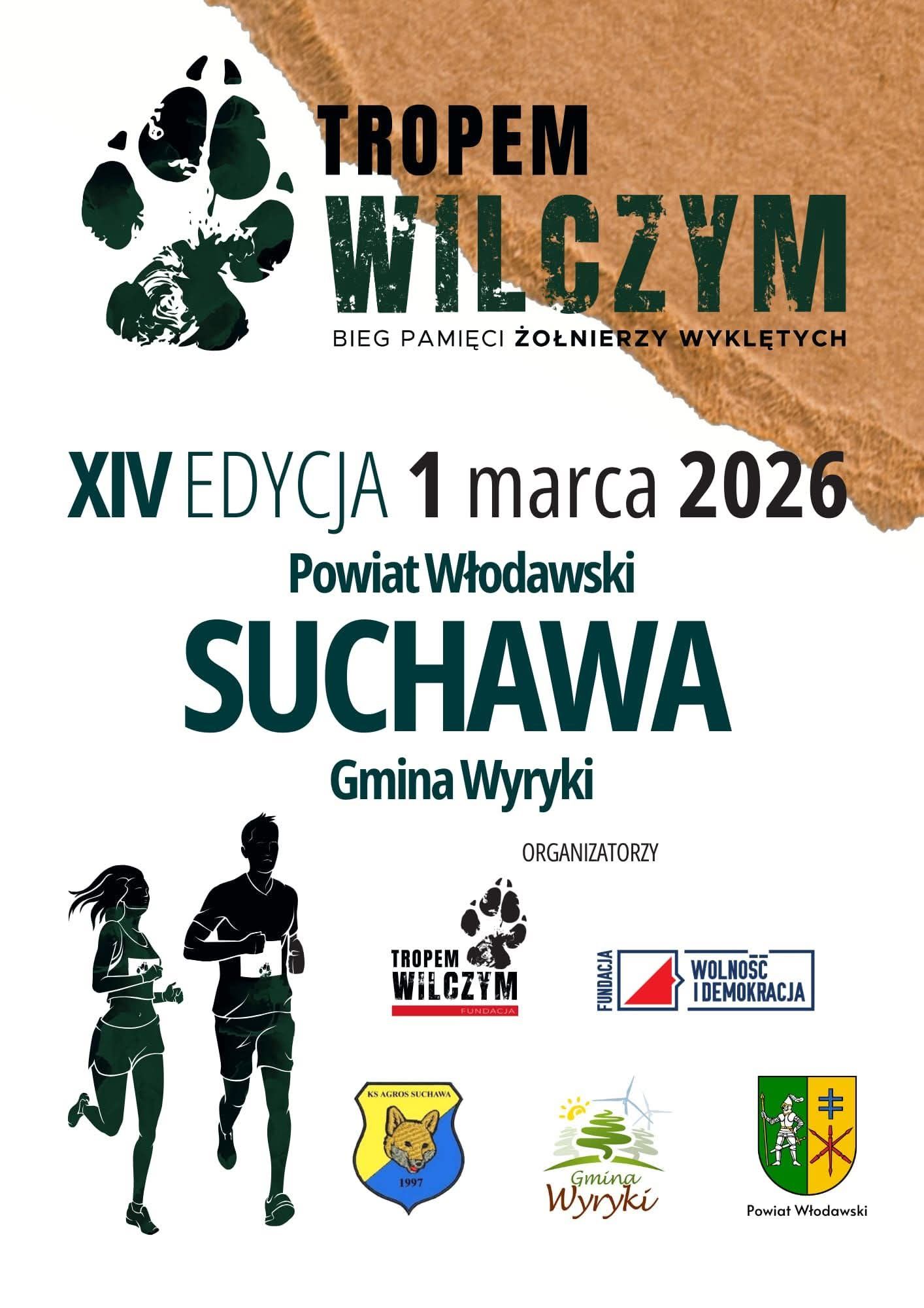 Plakat XIV edycji biegu pamięci „Tropem Wilczym” – 1 marca 2026 roku, Powiat Włodawski, z grafiką biegaczy i wilczym tropem