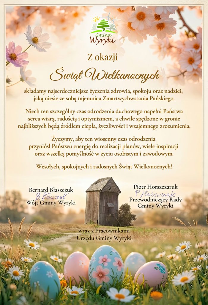Kartka wielkanocna z życzeniami od Gminy Wyryki, przedstawiająca wiosenną łąkę z kwiatami i kolorowymi pisankami oraz drewniany wiatrak "Koźlak" w tle.