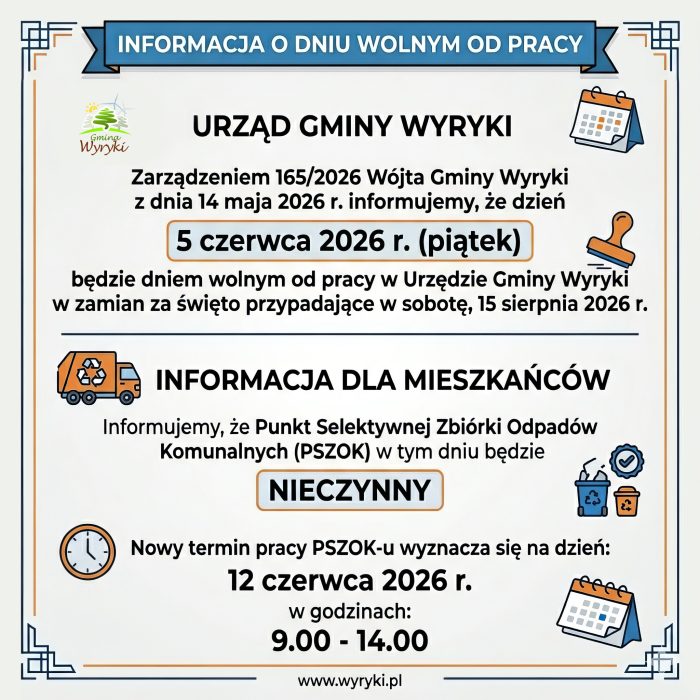 Miniaturka artykułu 5 czerwca 2026 r. (piątek) Urząd Gminy Wyryki będzie nieczynny