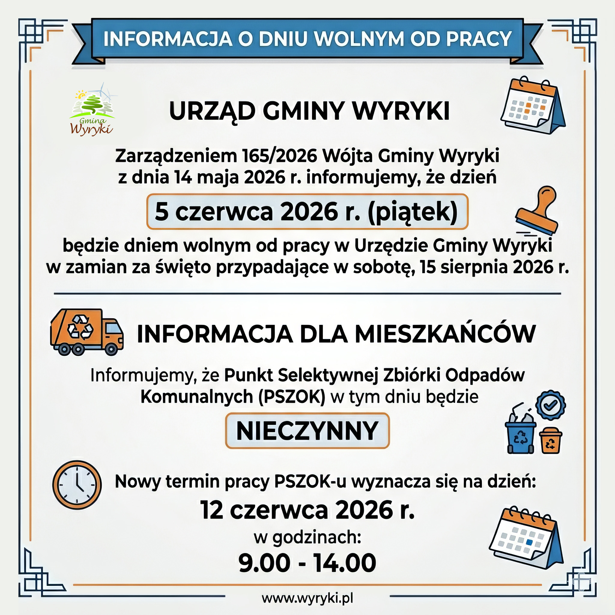 Kwadratowa grafika informacyjna Urzędu Gminy Wyryki. Zawiera komunikat o dniu wolnym od pracy w piątek 5 czerwca 2026 r. (za święto w sobotę 15 sierpnia) oraz informację, że w tym dniu PSZOK będzie nieczynny, a nowy termin pracy wyznaczono na 12 czerwca 2026 r. w godzinach 9:00-14:00.