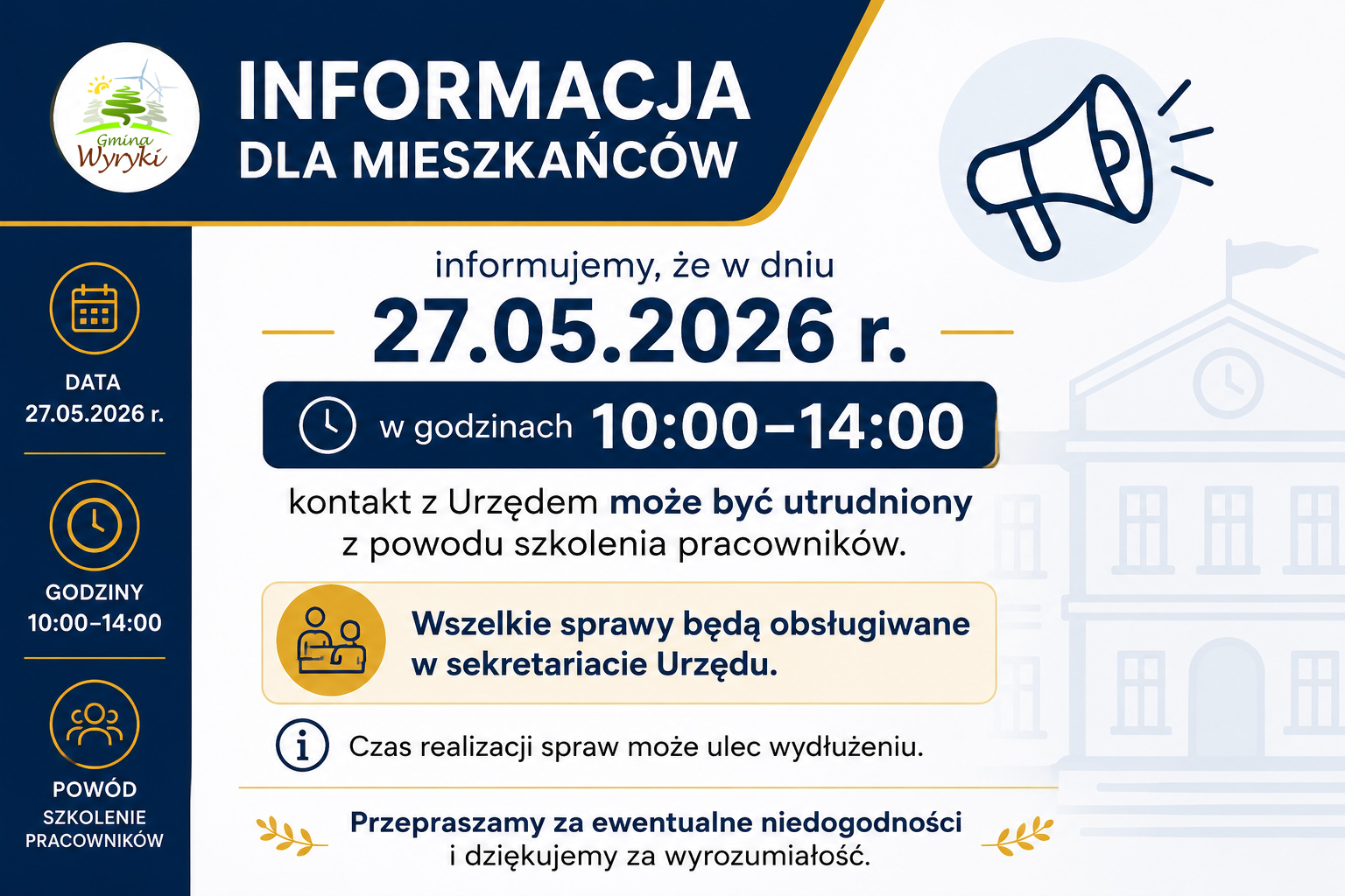 Grafika informująca o utrudnionym kontakcie z Urzędem w dniu 27.05.2026 r. z powodu szkolenia pracowników.