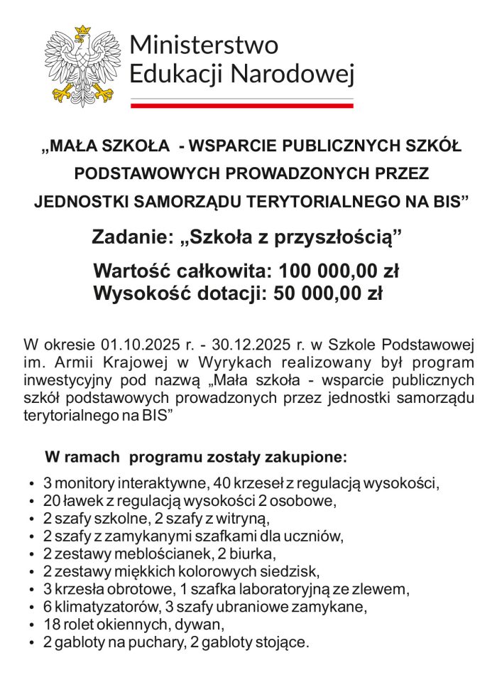 Miniaturka artykułu Mała szkoła – wsparcie publicznych szkół podstawowych prowadzonych przez jednostki samorządu terytorialnego na BIS