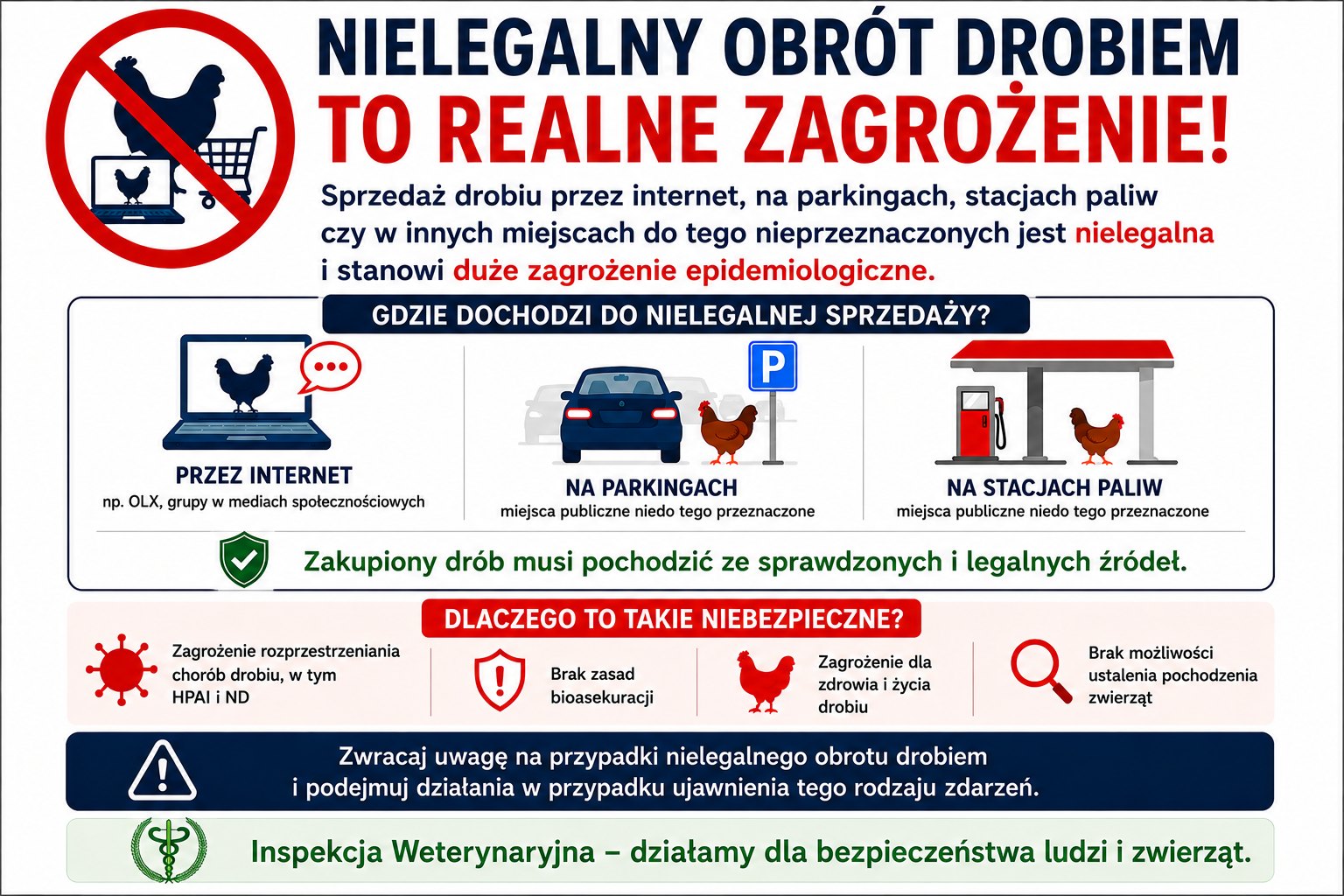 Grafika ostrzega przed nielegalną sprzedażą ptaków przez internet (np. OLX, media społecznościowe), na parkingach i stacjach paliw. W dolnej części wymieniono zagrożenia: rozprzestrzenianie chorób drobiu (HPAI, ND), brak bioasekuracji, zagrożenie życia zwierząt oraz brak możliwości ustalenia ich pochodzenia. Całość uzupełnia apel o zgłaszanie takich przypadków oraz logo Inspekcji Weterynaryjnej.