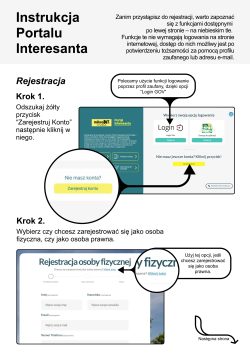 Pierwsza strona instrukcji Portalu Interesanta opisująca proces rejestracji konta. Zawiera zrzuty ekranu portalu z instrukcjami: Krok 1 – kliknięcie żółtego przycisku „Zarejestruj konto” (lub alternatywne logowanie przez profil zaufany „Login GOV”) oraz Krok 2 – wybór rejestracji jako osoba fizyczna lub prawna w formularzu.