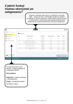 Strona instrukcji pod tytułem „Z jakich funkcji możesz skorzystać po zalogowaniu?”. Przedstawia zrzut ekranu panelu głównego systemu eJST. Dymki informacyjne wskazują górne menu pod przyciskiem „Witaj...” (dostęp do profilu, haseł, wniosków o zmianę adresu) oraz menu boczne z zakładkami: Strona główna, Należności (zobowiązania finansowe) i Usługi (wizualizacja budżetu i formularze e-usług).