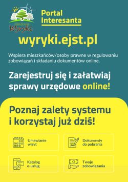 Pierwsza strona ulotki informacyjnej Portalu Interesanta Gminy Wyryki o adresie wyryki.ejst.pl. Ulotka zachęca do rejestracji i załatwiania spraw urzędowych online. W dolnej, żółtej części wymieniono główne zalety systemu za pomocą ikon i podpisów: umawianie wizyt, dokumenty do pobrania, katalog e-usług oraz Twoje zobowiązania.
