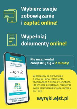 Druga strona ulotki Portalu Interesanta z hasłami zachęcającymi do płatności online i wypełniania dokumentów przez internet. Po lewej stronie widnieje grafika smartfona z ekranem logowania do portalu. Ulotka zawiera informację o możliwości szybkiej rejestracji konta w 2 minuty oraz zaproszenie do korzystania z serwisu pod adresem wyryki.ejst.pl.