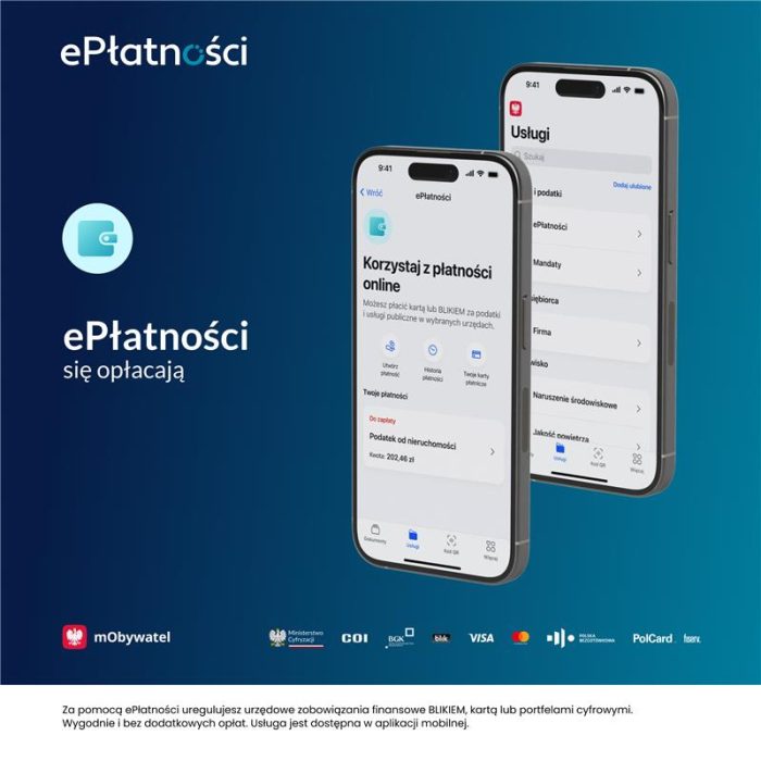 Grafika promocyjna usługi ePłatności w aplikacji mObywatel. Na granatowo-niebieskim tle napis „ePłatności się opłacają" oraz ikona portfela. Po prawej dwa smartfony z widokiem ekranów aplikacji – jeden pokazuje ekran „ePłatności" z listą do zapłaty (podatek od nieruchomości, kwota 202,46 zł), drugi ekran „Usługi" z pozycją ePłatności na liście. Na dole logotypy: mObywatel, Ministerstwo Cyfryzacji, COI, BGK, BLIK, Visa, Mastercard, Polska Bezgotówkowa, PolCard, Fiserv.