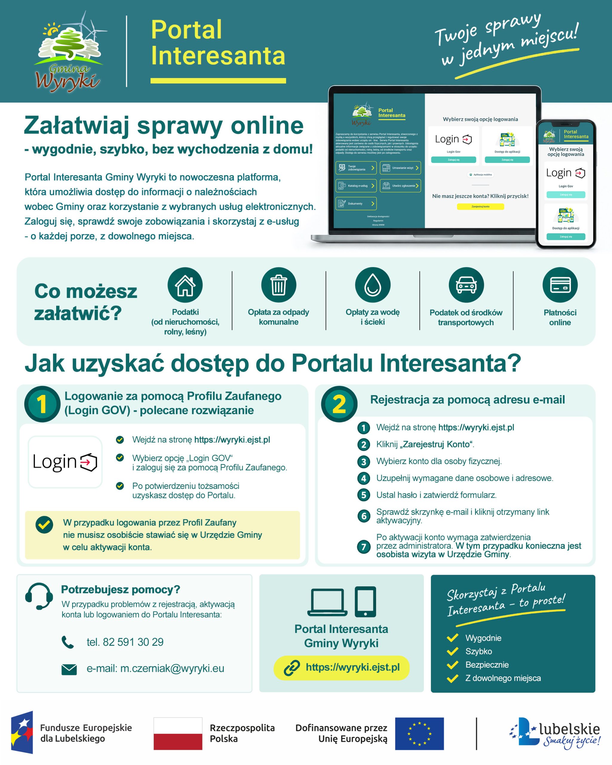 Infografika promująca Portal Interesanta Gminy Wyryki, umożliwiający załatwianie spraw online, sprawdzanie podatków i opłat oraz korzystanie z e-usług. Zawiera instrukcję uzyskania dostępu przez Profil Zaufany lub e-mail oraz dane kontaktowe.