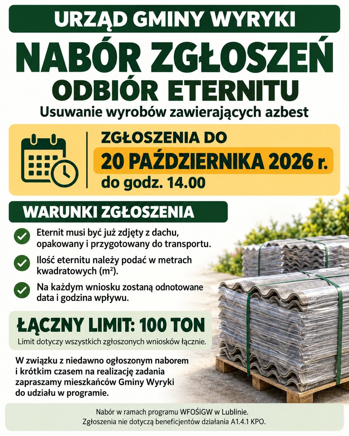 Plakat Urzędu Gminy Wyryki o naborze zgłoszeń na odbiór eternitu do 20 października 2026 r. do godz. 14.00, z warunkami zgłoszenia i limitem 100 ton, na tle palety z płytami eternitowymi.